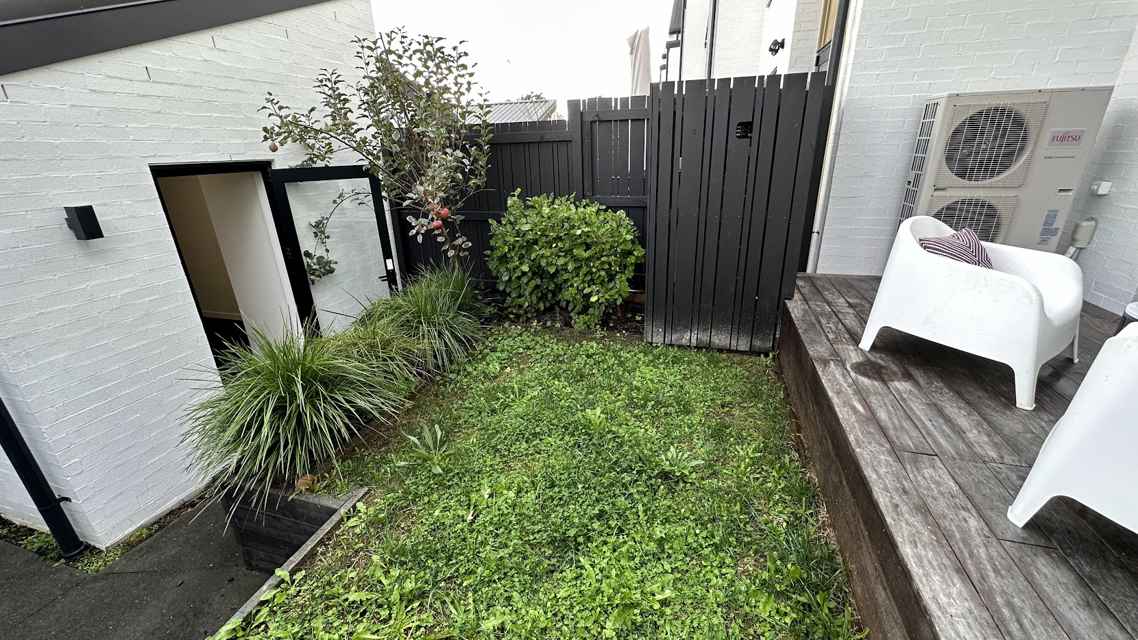 Townhouse courtyard before — overgrown lawn, weeds and tired garden beds