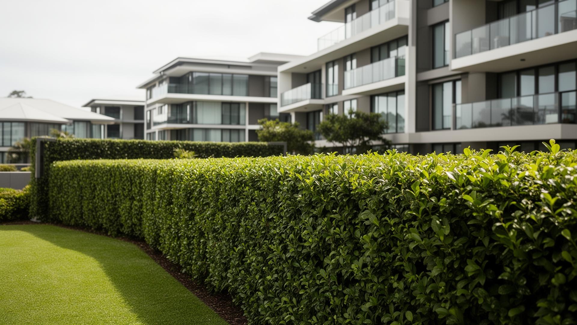 Neatly trimmed boundary hedge at a modern Auckland apartment complex
