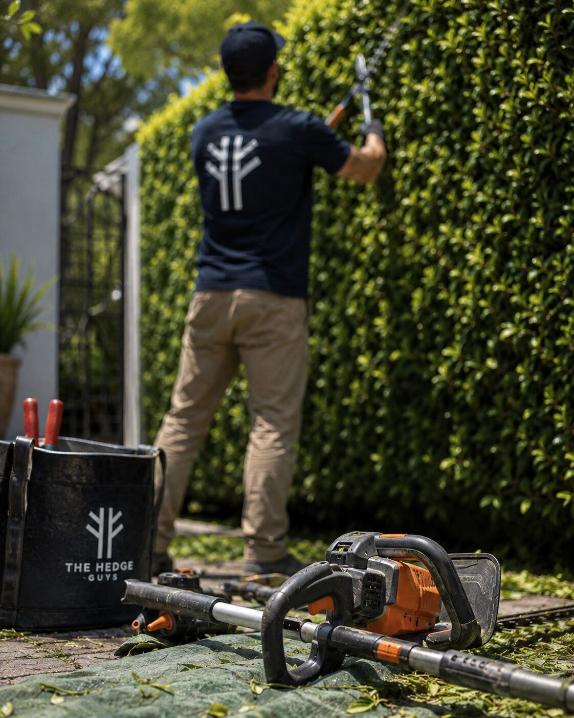 The Hedge Guys trimming a tall griselinia hedge in Auckland