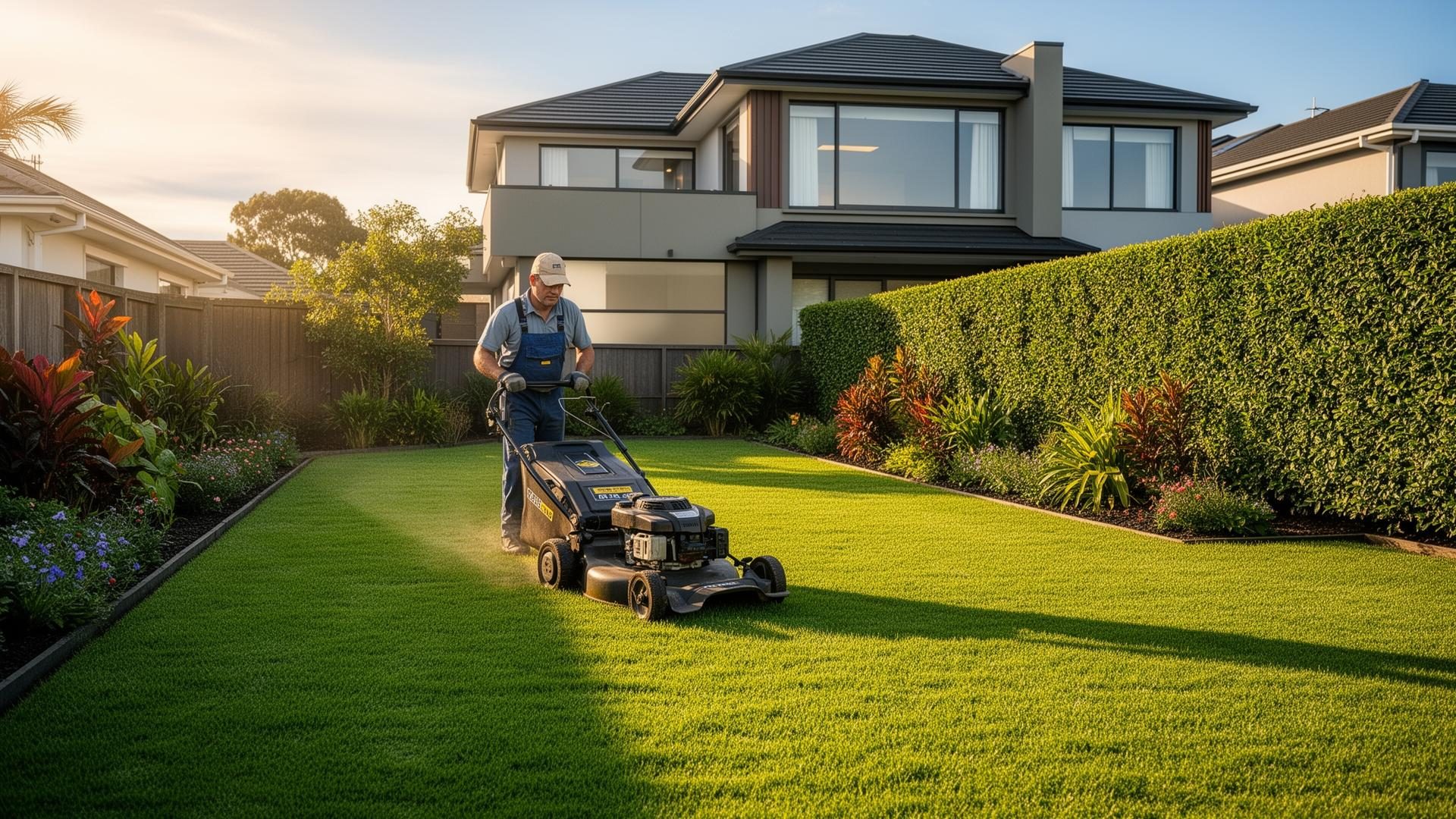 The Hedge Guys mowing a lush green lawn at an Auckland home